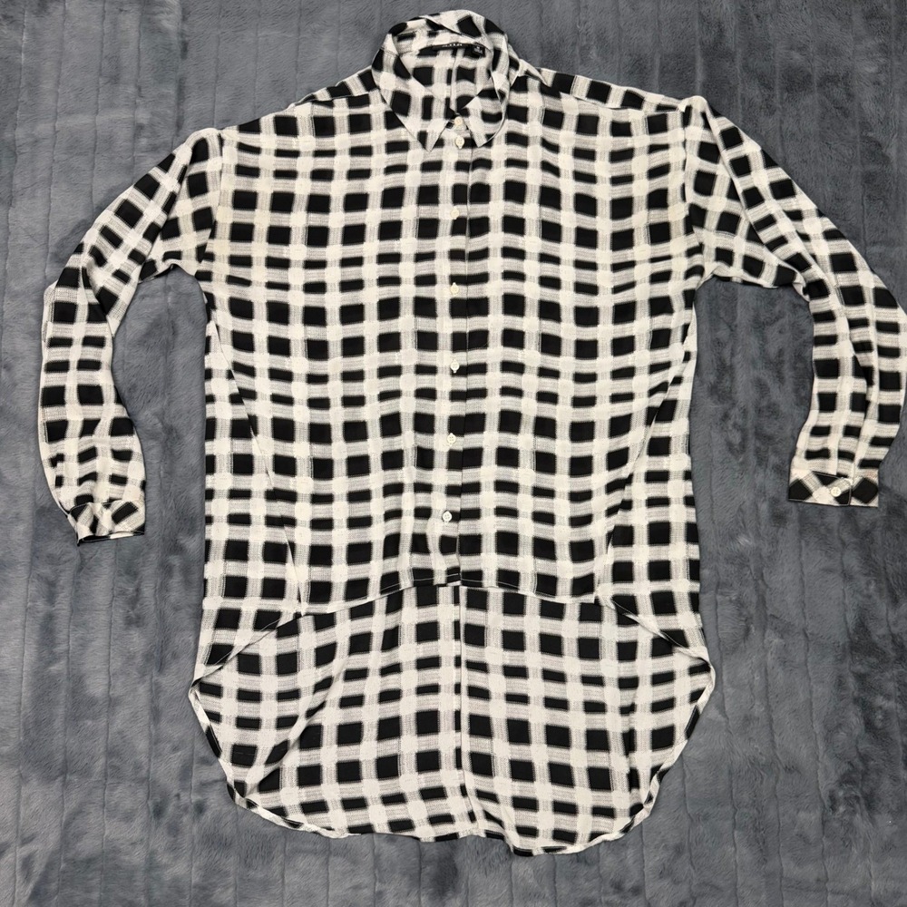 a.n.a Womens Black White Grid Check High Low Button Down Tunic Shirt Medium